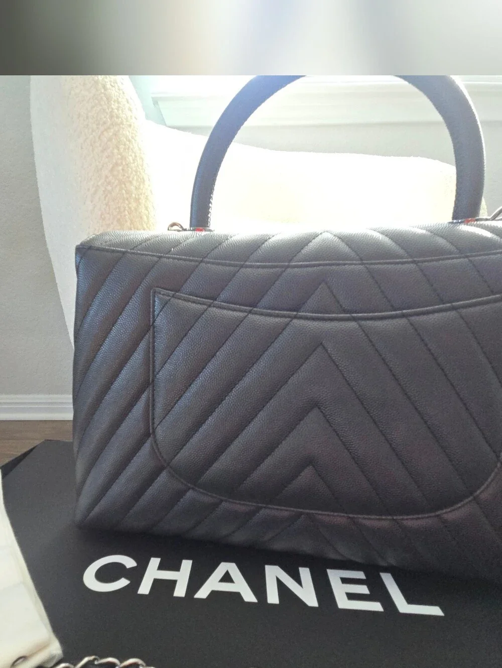 CHANEL Coco Handle Chevron Caviar Bag – Grayish Black